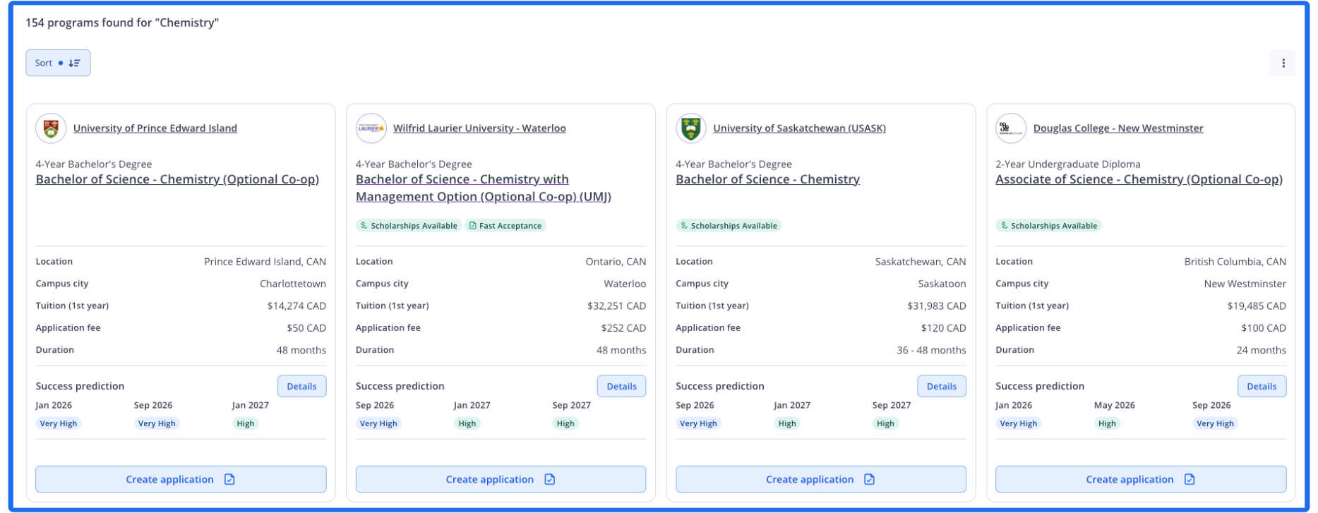 Les résultats de recherche sur la plate-forme Applyboard sont organisés en cartes qui mettent en évidence les détails clés des programmes, du nom de cours et de l'emplacement aux dates d'admission.