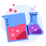 Une illustration de béchers scientifiques remplis de liquides colorés.