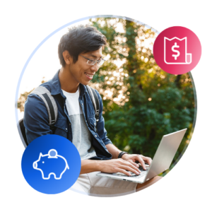 Un étudiant international de sexe masculin est assis avec un ordinateur portable ouvert sur le campus au coucher ou au lever du soleil.