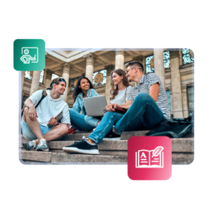 Un groupe d'étudiants est assis sur les marches d'un bâtiment du campus.