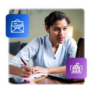 Une étudiante internationale est assise à un bureau avec du papier et un stylo. Elle est encadrée par des images illustrées d'une enveloppe ouverte avec une lettre qui s'échappe et un bâtiment universitaire avec un drapeau sur le dessus.