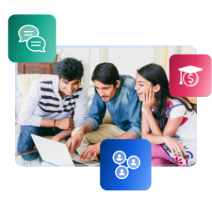 Un trio d'étudiants internationaux regarde un ordinateur portable. Ils sont encadrés par des illustrations de deux bulles, d’une casquette de diplômé avec une pièce de monnaie en dessous et d’un réseau de personnes.
