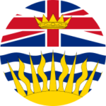 Drapeau de la Colombie-Britannique (segment) : la moitié supérieure est l'Union Jack, surmontée d'une couronne dorée au cœur du drapeau. La moitié inférieure présente des vagues blanches et bleues surmontées d'un rayon de soleil rayonnant émergeant du bas du cadre.