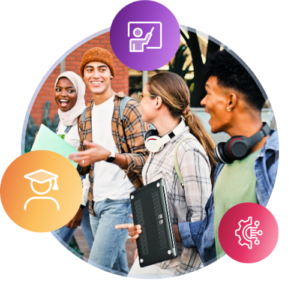 Un groupe d’étudiants internationaux marche ensemble sur le campus à l’automne.