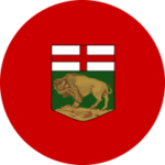 Le drapeau du Manitoba (partiel) - un bison sur un champ vert sous une croix rouge sur un champ blanc, uni dans un écusson sur fond rouge.