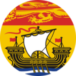 Un drapeau partiel du Nouveau-Brunswick : un navire à mât unique sur une mer bleue avec un ciel jaune, sous un dragon jaune stylisé sur fond rouge