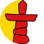 Un drapeau partiel du Nunavut : un inukshuk (tour rocheuse) rouge sur fond blanc et jaune.