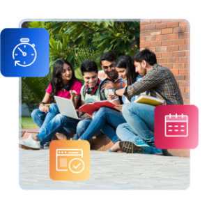 Un groupe d’étudiants internationaux est assis à côté d’un bâtiment en brique et regarde ensemble un ordinateur portable.