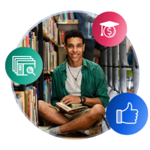 Un étudiant international est assis par terre dans une bibliothèque universitaire avec un livre. Il est encadré par des images liées à l'érudition et un dessin animé avec le pouce levé.