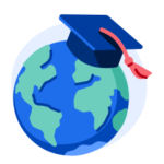 Une illustration de la planète Terre avec un chapeau de graduation au-dessus.